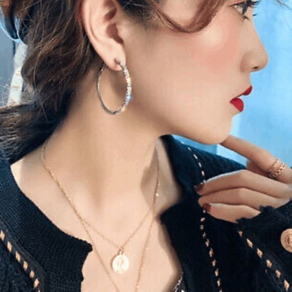 SILVER DIAMOND HOOP EARRINGS  - Picture 8 of 9